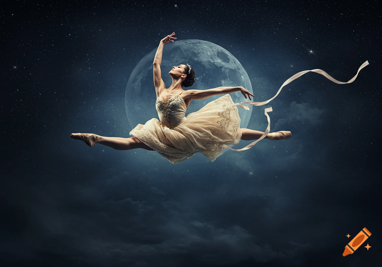 A ballerina in a flowing dress leaps gracefully against a starry night sky with a large, full moon.