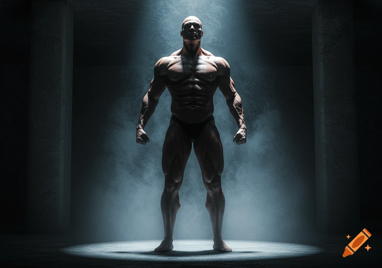 A muscular bald man in briefs posing under a spotlight in a smoky, dark room, in a dramatic, photorealistic style.