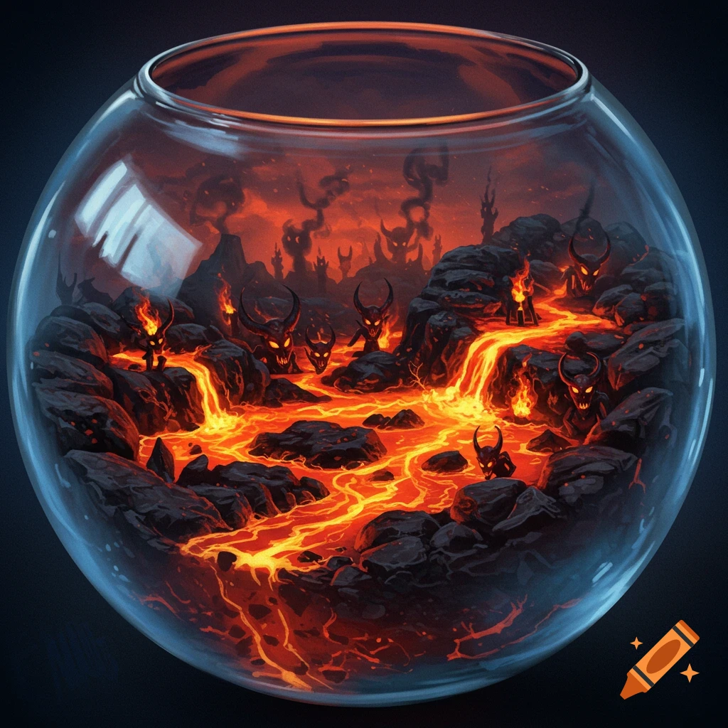 A clear glass fishbowl containing a vibrant, fiery hellscape with flowing lava, dark rocky terrain, and small horned demon figures.