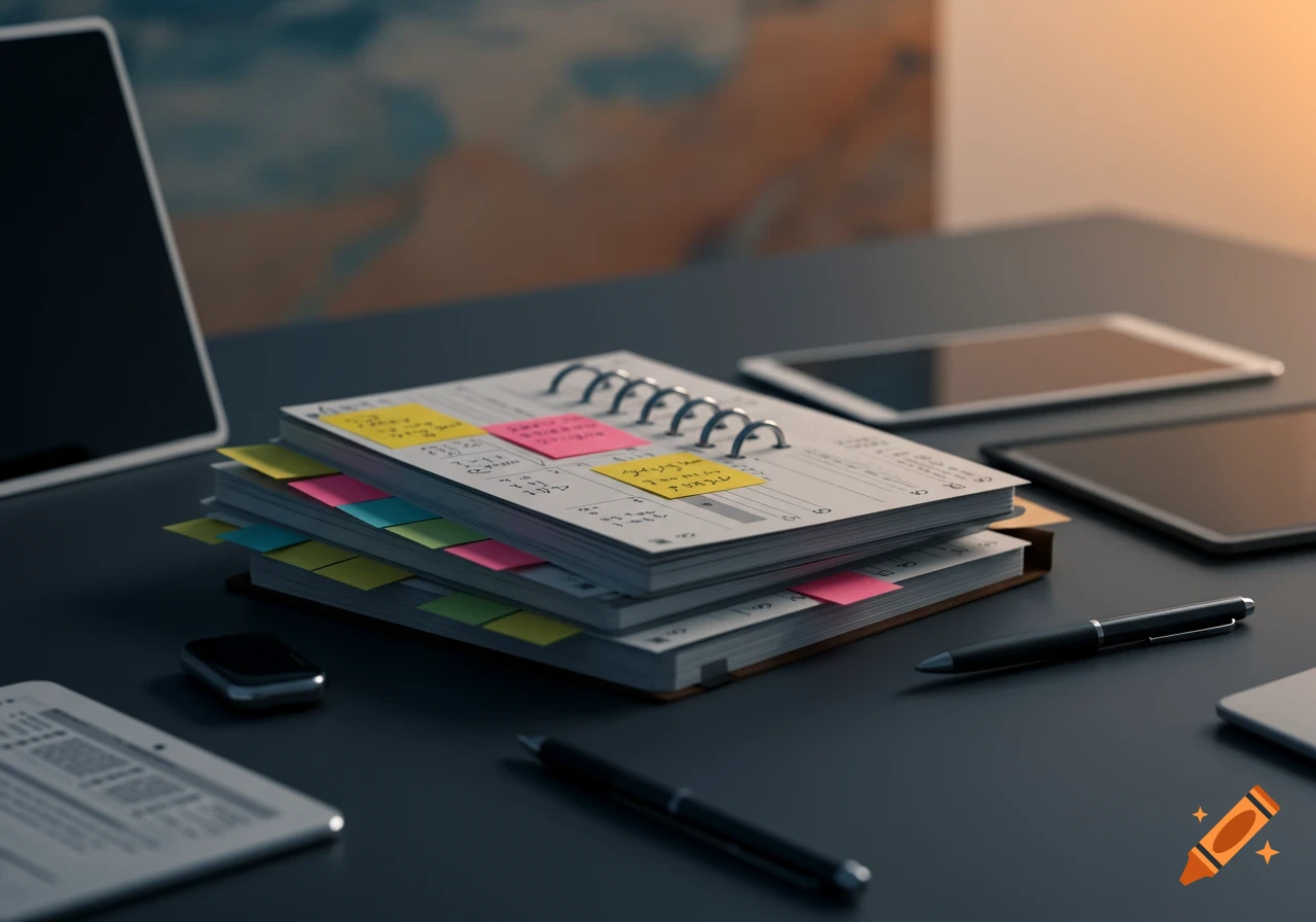 A close-up shot of a desk with a spiral-bound planner, colorful sticky notes, pens, and digital tablets, suggesting organization and work.