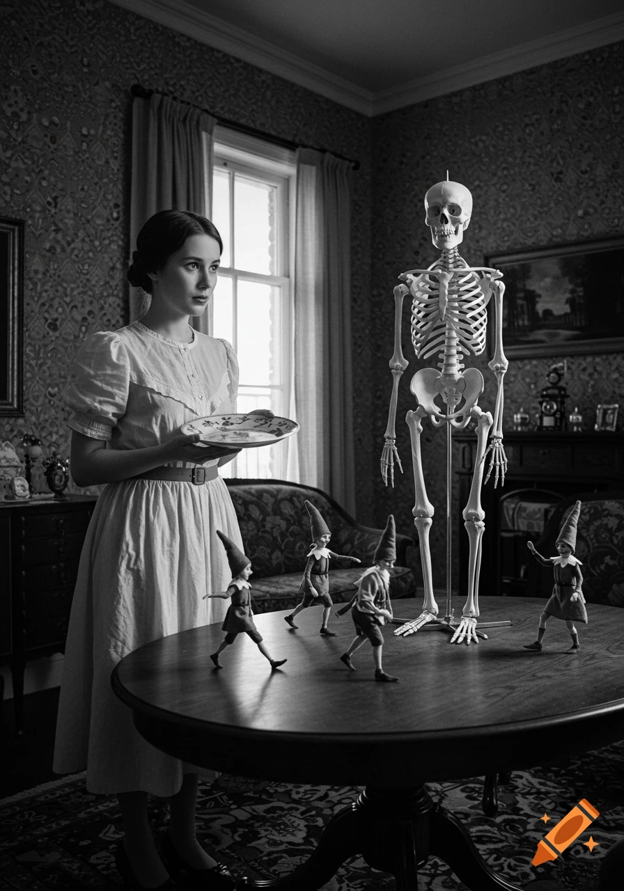 Black and white photo of a woman holding a plate, standing near a skeleton and small elves dancing on a table in a vintage room.