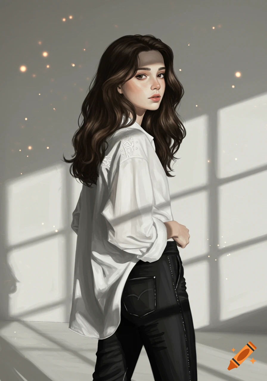 Digital painting of a young woman with dark wavy hair in a white shirt and black pants, standing in sunlight.