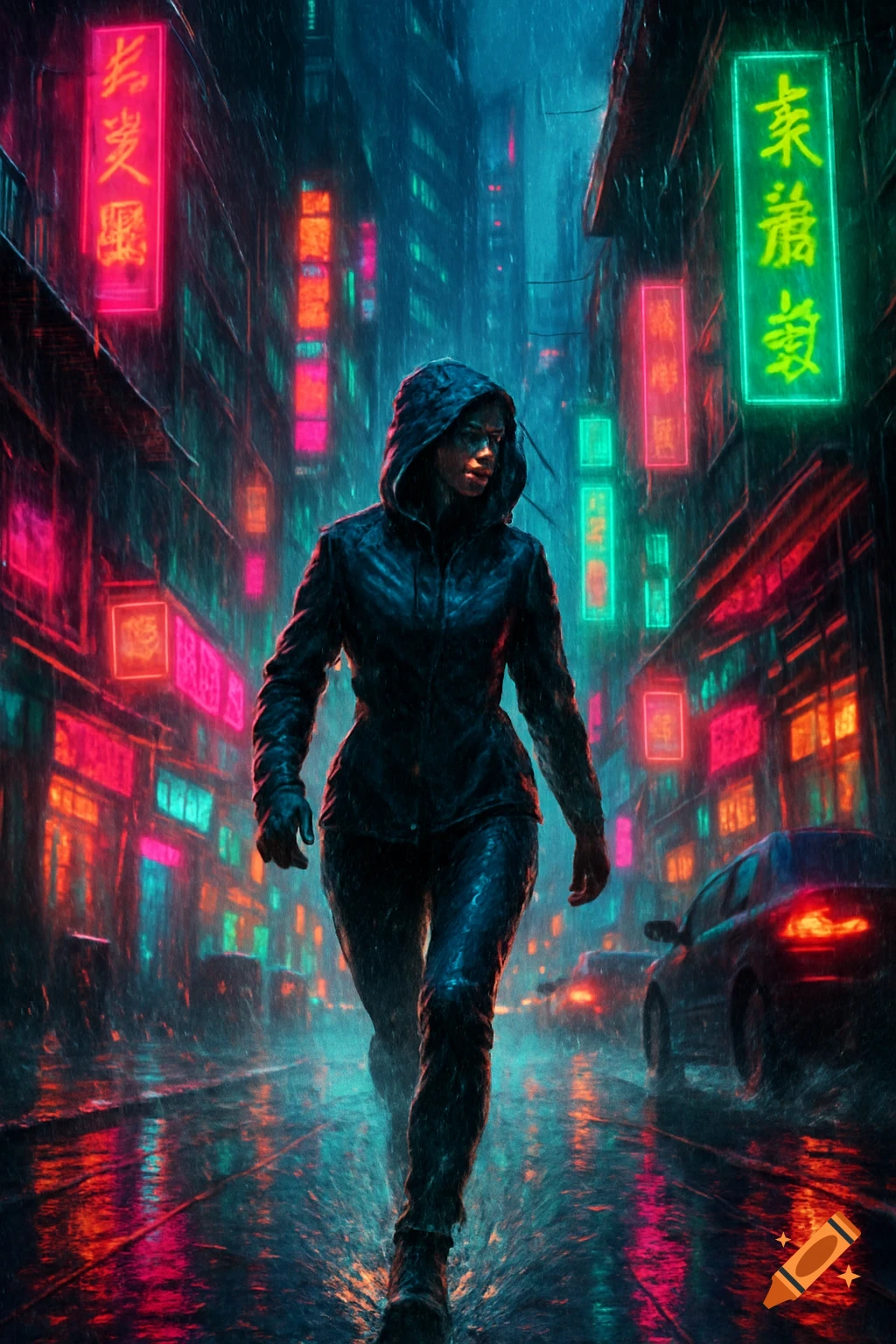 A woman in a dark hooded jacket walks through a rainy, neon-lit cyberpunk city street at night, with reflections on the wet pavement.