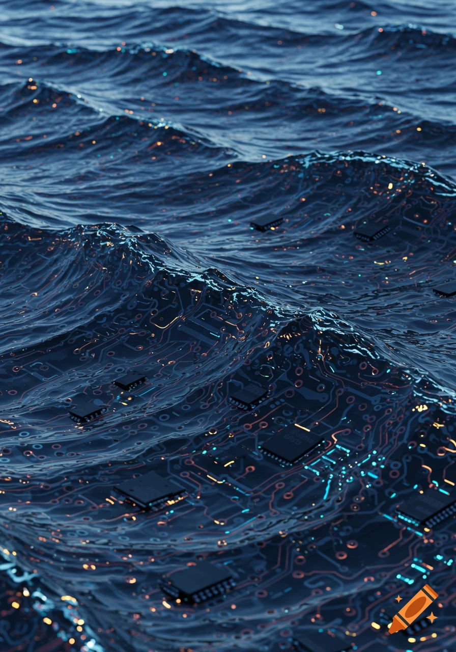 Photorealistic image of blue ocean waves textured like circuit boards with embedded microchips, illuminated by glowing traces.