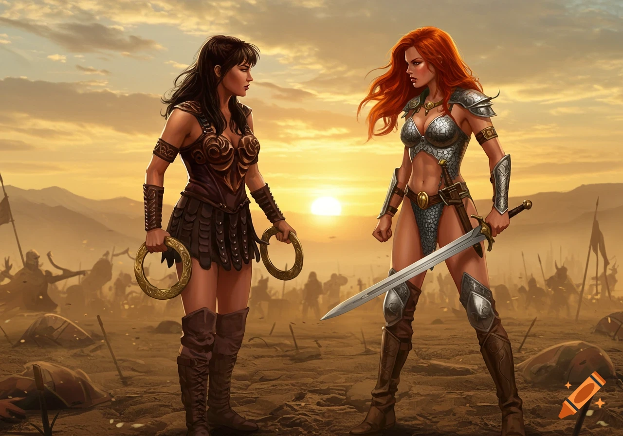 Xena Warrior Princess and Red Sonja face off on a dusty battlefield at sunset, digital art.