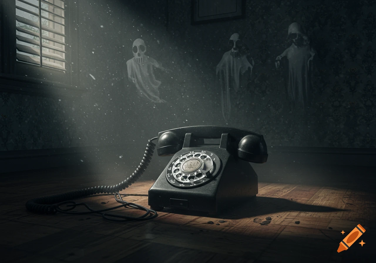 A vintage rotary telephone sits on a dusty wooden floor in a dimly lit room, with ghostly figures on the wall.