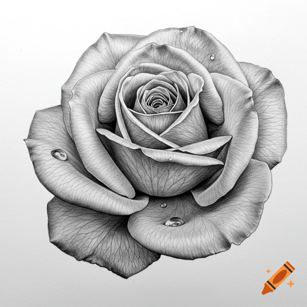 A detailed black and white pencil drawing of a single rose with water droplets on its petals, set against a white background.