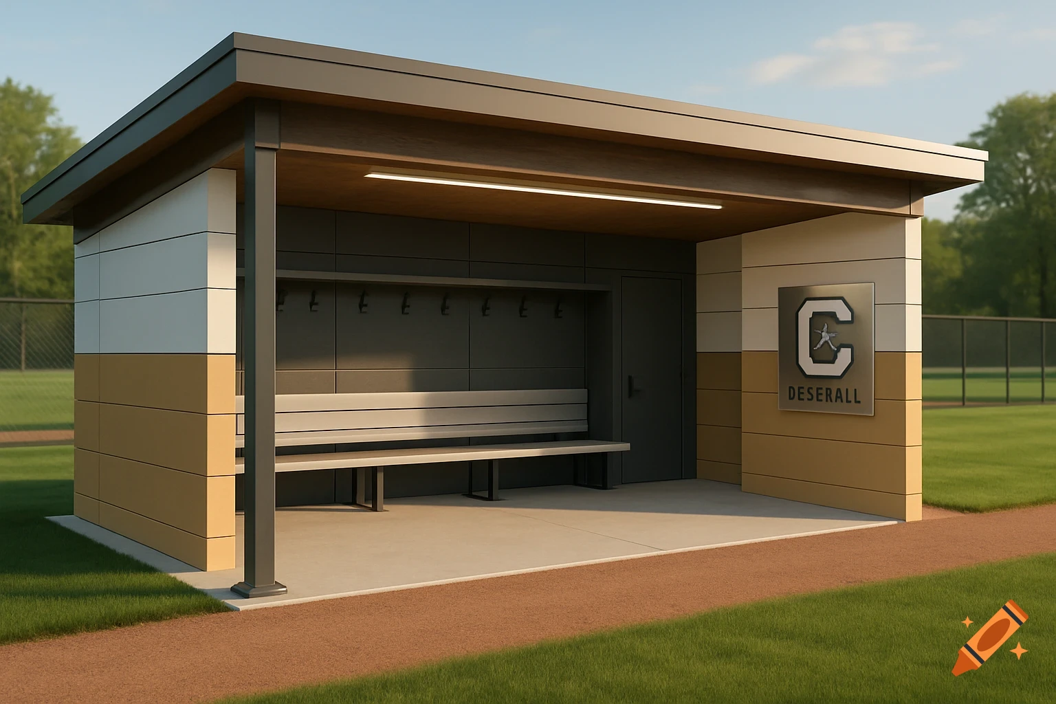 Photorealistic modern baseball dugout with a C logo and DESERALL text on the side, beside a dirt path and green grass field.