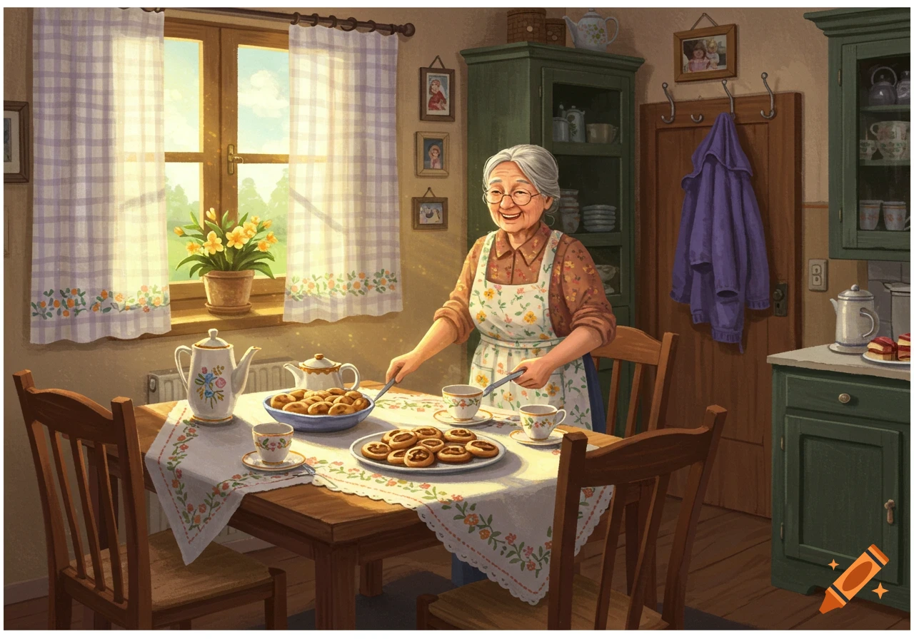 A happy grandma serves cookies and tea on a sunlit table in a cozy kitchen, depicted in a warm, inviting illustration style.