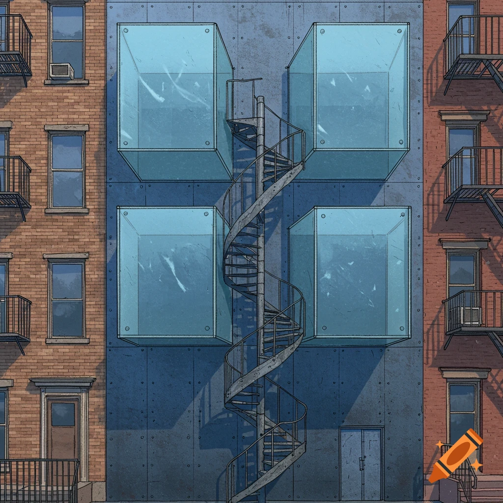 Illustrated building facade featuring a central metal spiral staircase, four large translucent glass cubes, flanked by brick buildings.