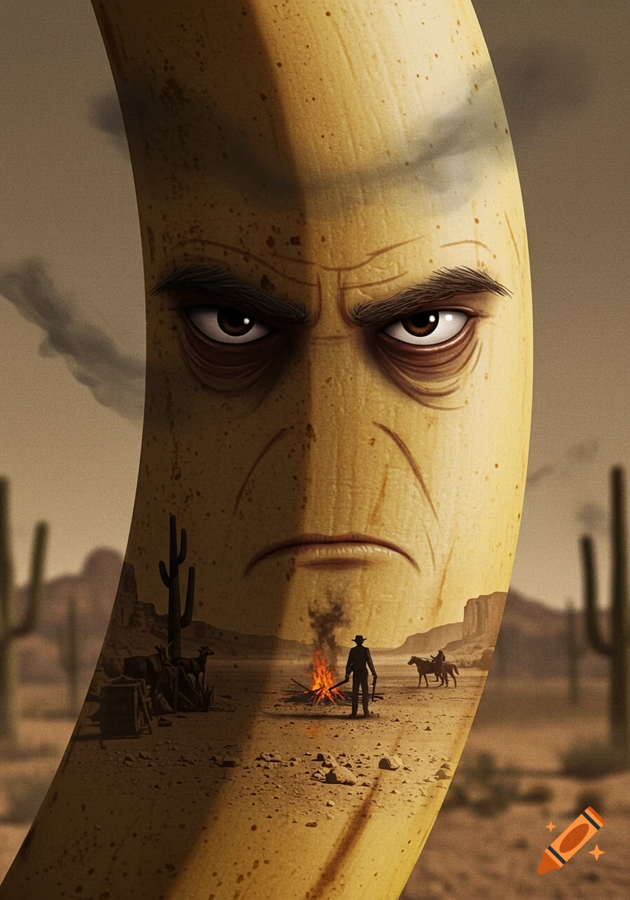 A grumpy, human-faced banana with a detailed desert western scene embedded in its peel, showing cowboys by a campfire and on horseback, with cacti in the background.