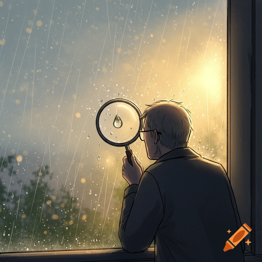 An illustrated man seen from behind, looking through a magnifying glass at a raindrop on a window during a sunny rain shower.