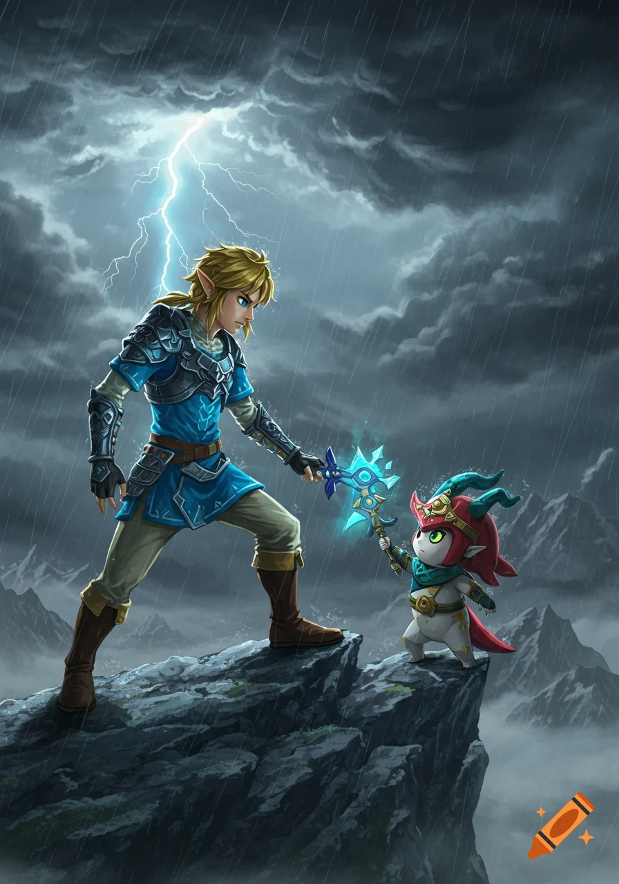 Link in Zora armor holds a glowing sword towards Baby Sidon on a stormy mountain peak with lightning.