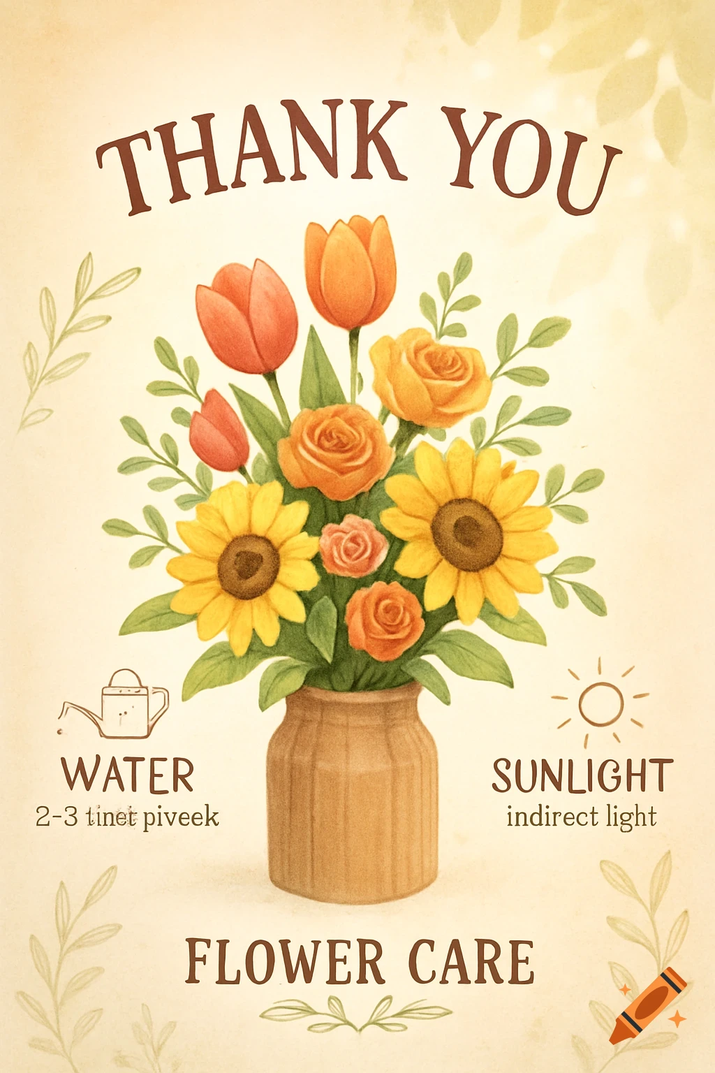 Watercolor illustration of a vase filled with sunflowers, roses, and tulips. Text reads "THANK YOU" and "FLOWER CARE" with care tips.