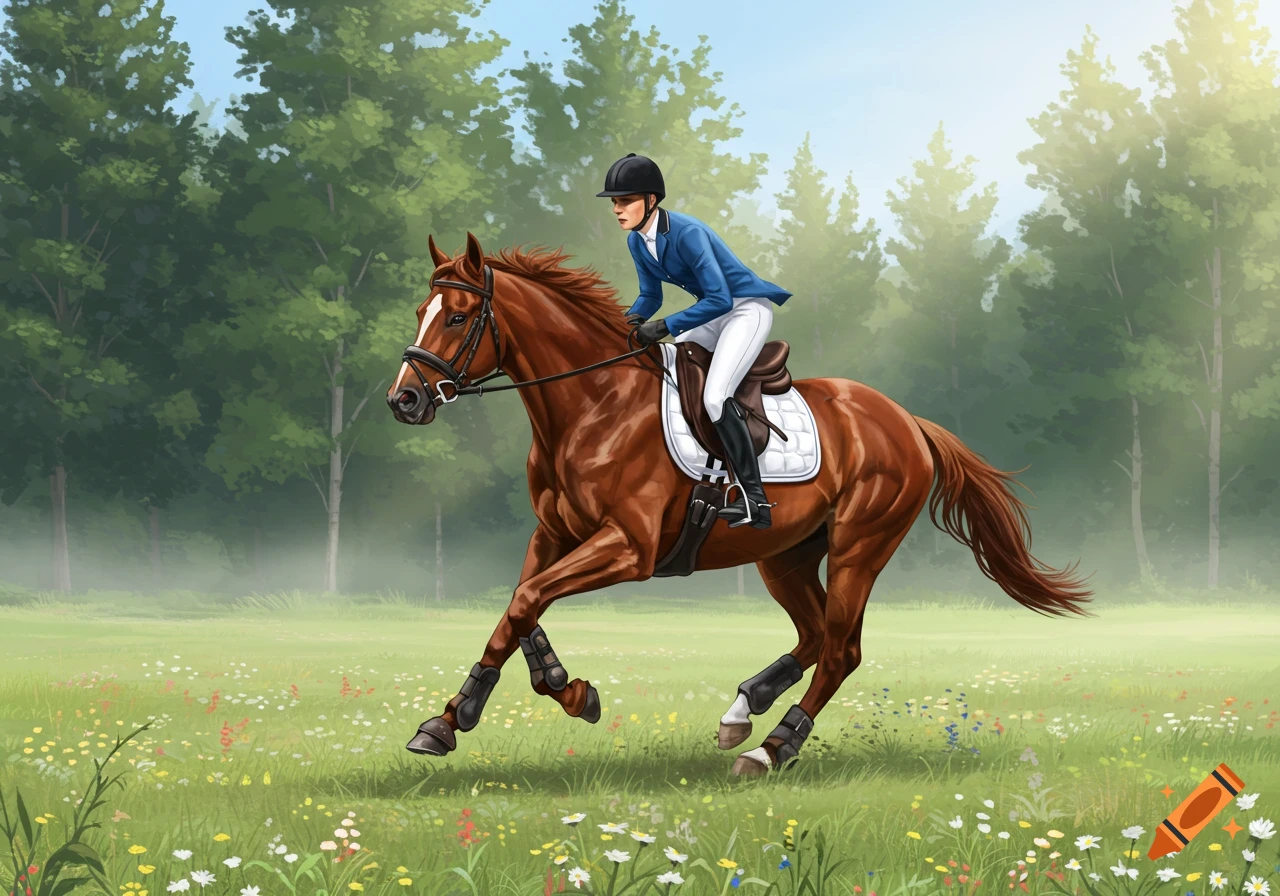 An illustrated brown horse with a rider in a blue jacket gallops through a field of wildflowers with a forest background.