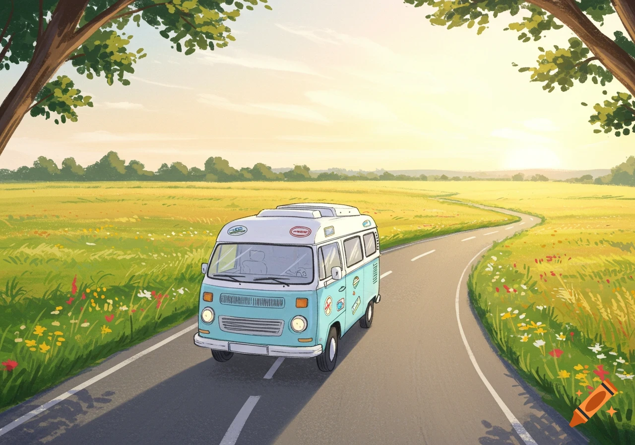 Illustrated light blue camper van driving on a winding road through green and yellow fields at sunset, framed by tree branches.