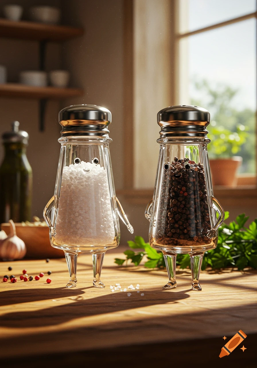 Two cute, anthropomorphic salt and pepper shakers with faces, arms, and legs stand on a wooden kitchen counter.
