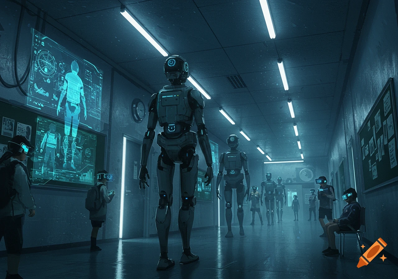 A dystopian, futuristic school corridor with students wearing VR headsets and large, humanoid robots walking down the hallway. Holographic displays show human schematics.