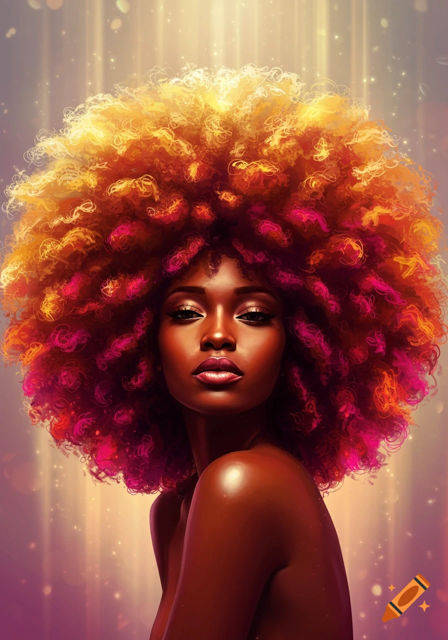 A captivating portrait of a Black woman with a large, vibrant technicolor afro in blond, gold, orange, red, and fuchsia, looking directly at the viewer.