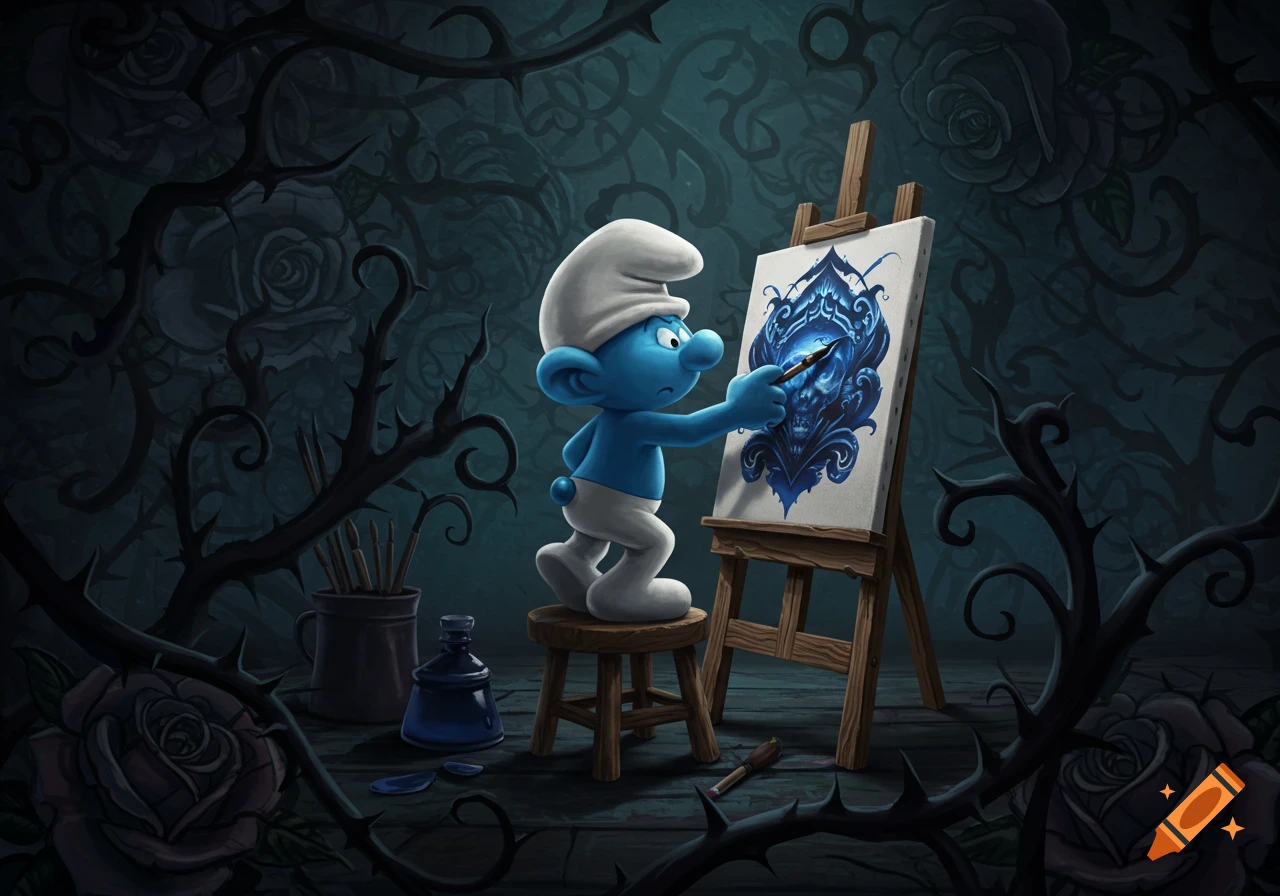 A blue Smurf in white hat and pants paints an intricate blue gothic tattoo design on an easel in a dark, thorny, rose-filled setting.