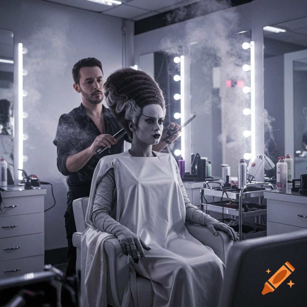 A man styles the tall, iconic hair of the Bride of Frankenstein in a beauty salon, with steam rising around her.