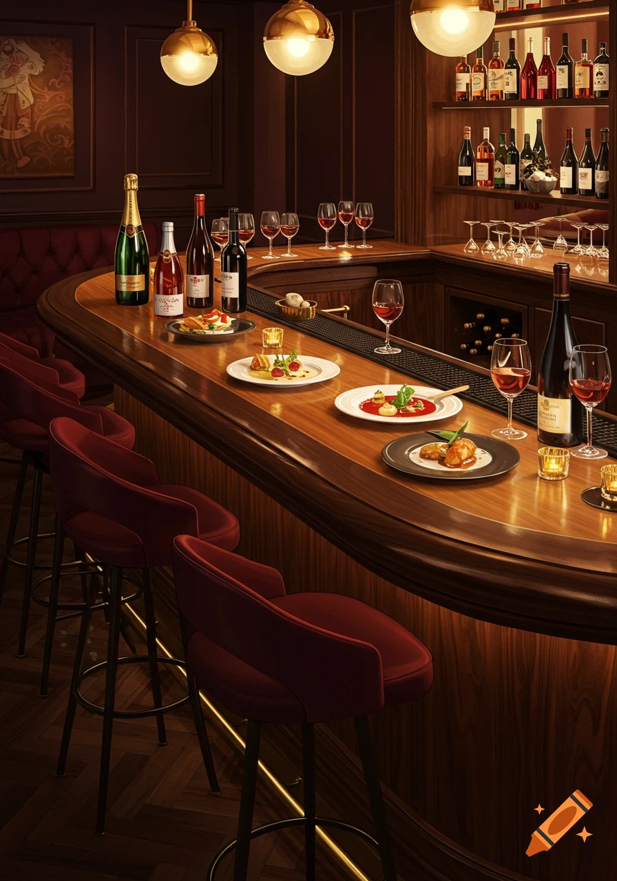 A dimly lit, upscale bar counter with red bar stools, featuring bottles of wine and champagne, plates of appetizers, and wine glasses.