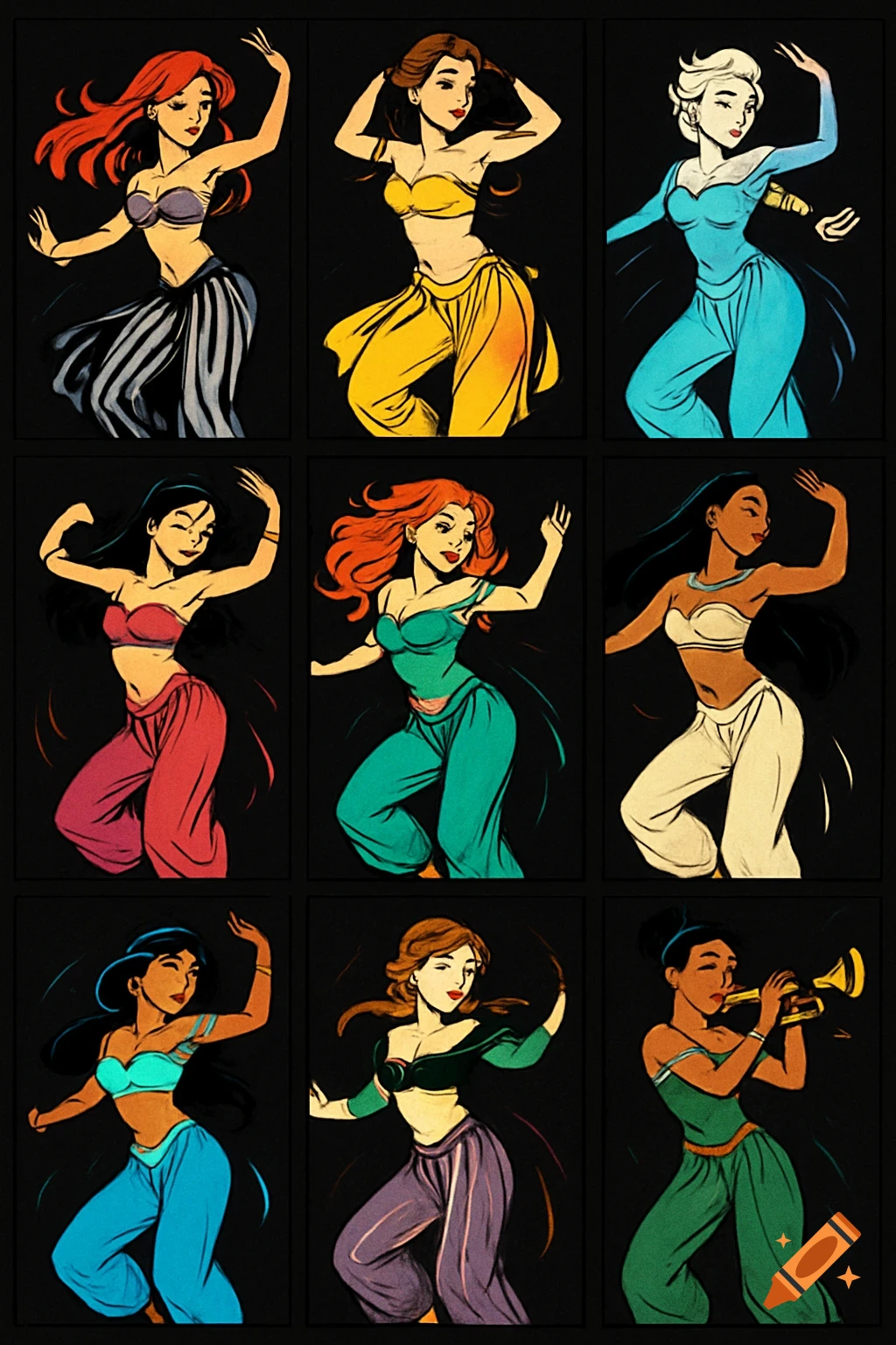 A comic-style grid features nine female characters resembling Disney princesses dressed as belly dancers, in various colored outfits against a black background.