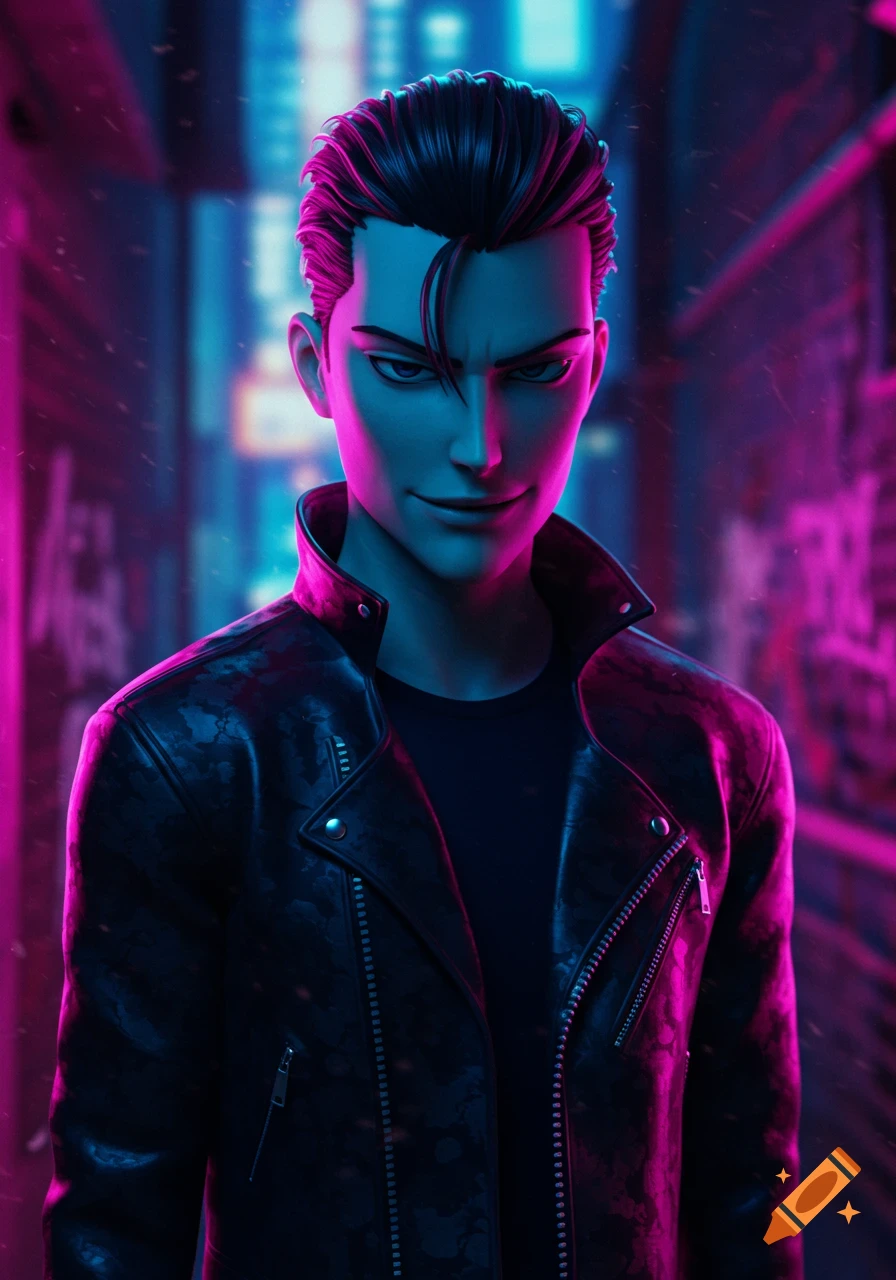 An anime-style man in a black leather jacket smirking, illuminated by vibrant pink and blue neon lights in a blurry urban alley.