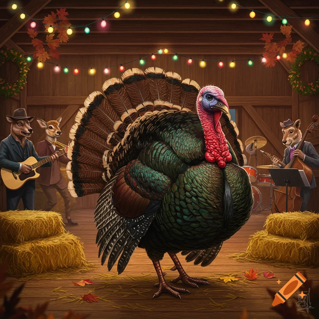 Vibrant turkey in a festive barn with string lights, autumn leaves, and anthropomorphic animals playing instruments.