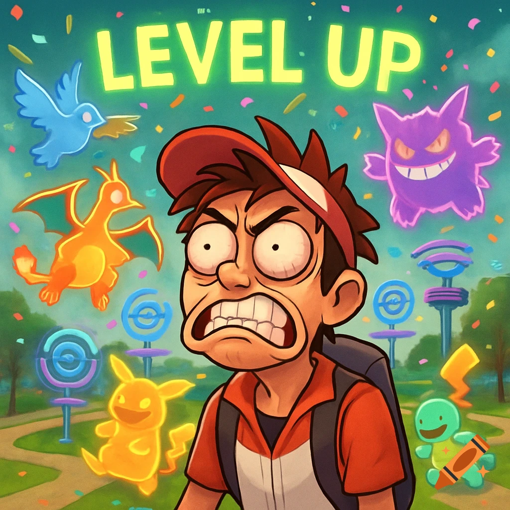 A distressed cartoon trainer Red surrounded by Charizard, Pikachu, Gengar, and Squirtle, with 'LEVEL UP' text and confetti in a vibrant park.
