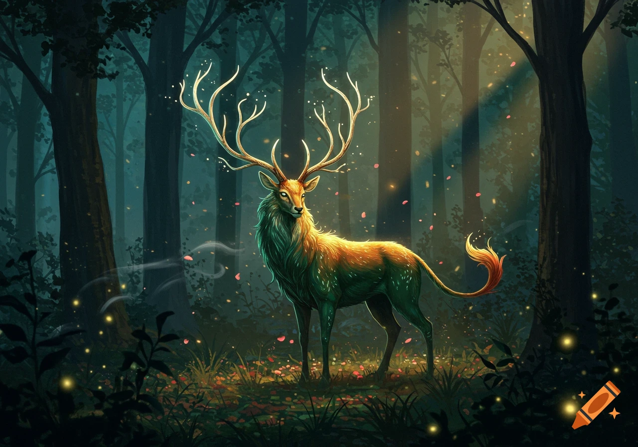 A majestic golden-green fantasy deer with glowing antlers stands in a dark, ethereal forest bathed in magical light.