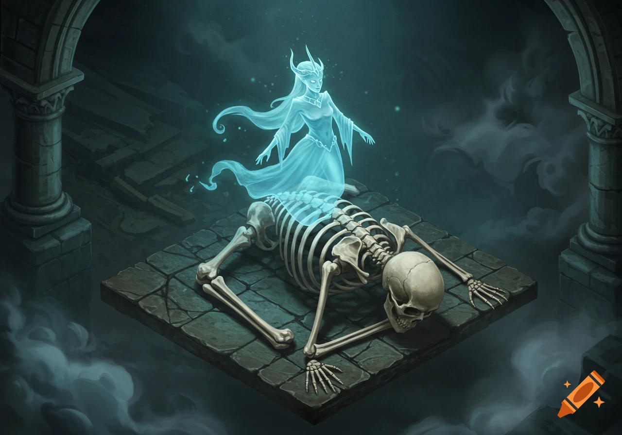 A glowing blue ghost hovers above a human skeleton lying on an isometric stone platform in a dark, ancient ruin.