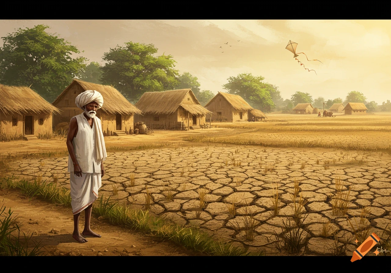 An illustrated scene of an old Indian farmer standing in a dry, cracked field, surrounded by mud huts in a rural village, with a kite flying in the sky.