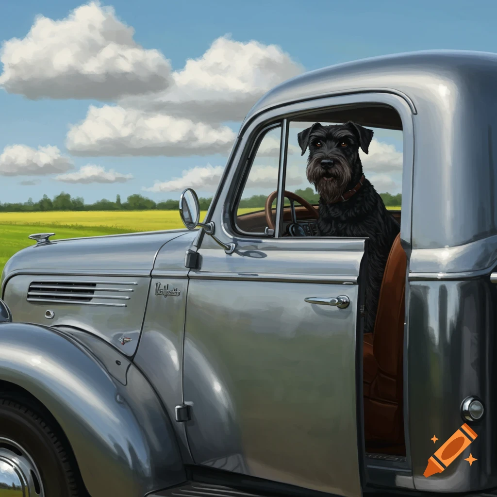 A black giant schnauzer dog sits in the driver's seat of a silver vintage pickup truck, parked in a green field under a blue sky with white clouds. Illustrated style.