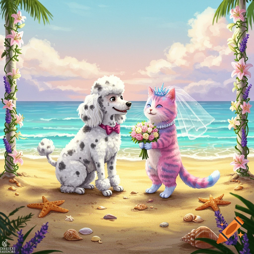 A white poodle in a bow tie and a pink and blue striped cat in a wedding veil and crown are getting married on a sandy beach.