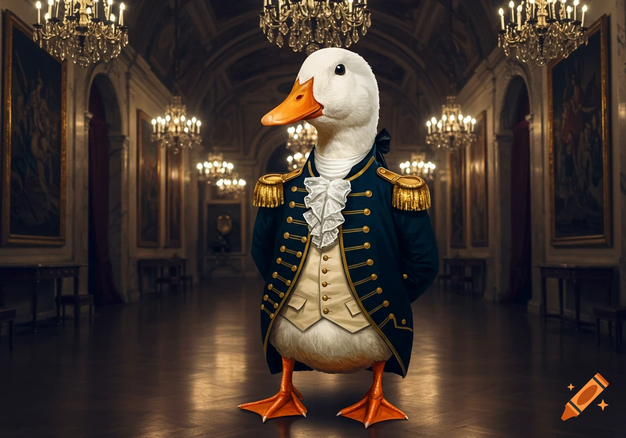 A white duck in a blue and gold military uniform stands in a grand, chandelier-lit palace hall.