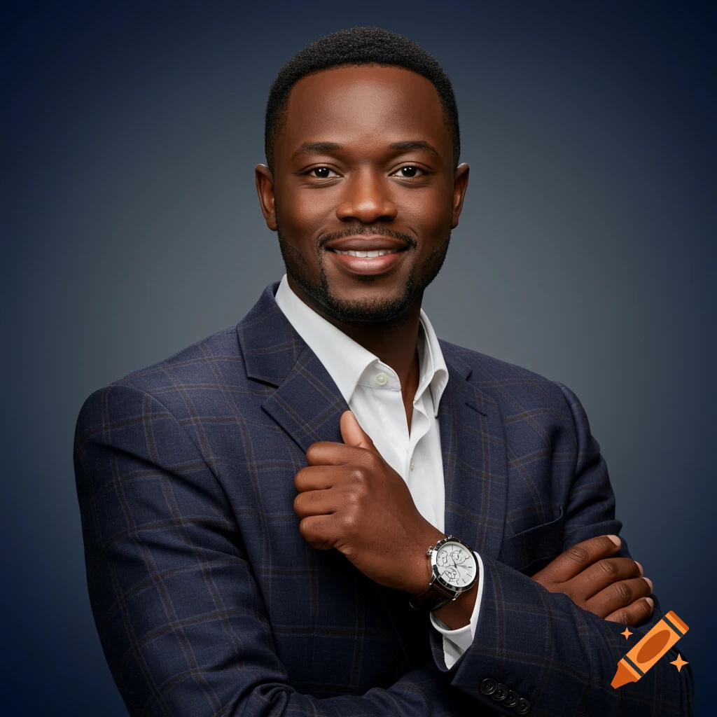 A smiling Black man in a plaid suit and white shirt, wearing a watch, poses against a dark gradient background. Photorealistic style.