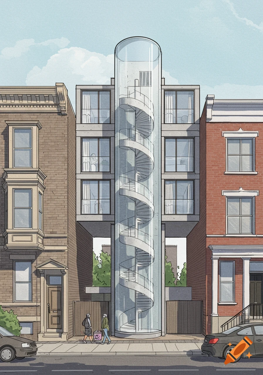 An architectural sketch of a modern residential building with a glass cylindrical staircase between two classic row houses on an urban street.