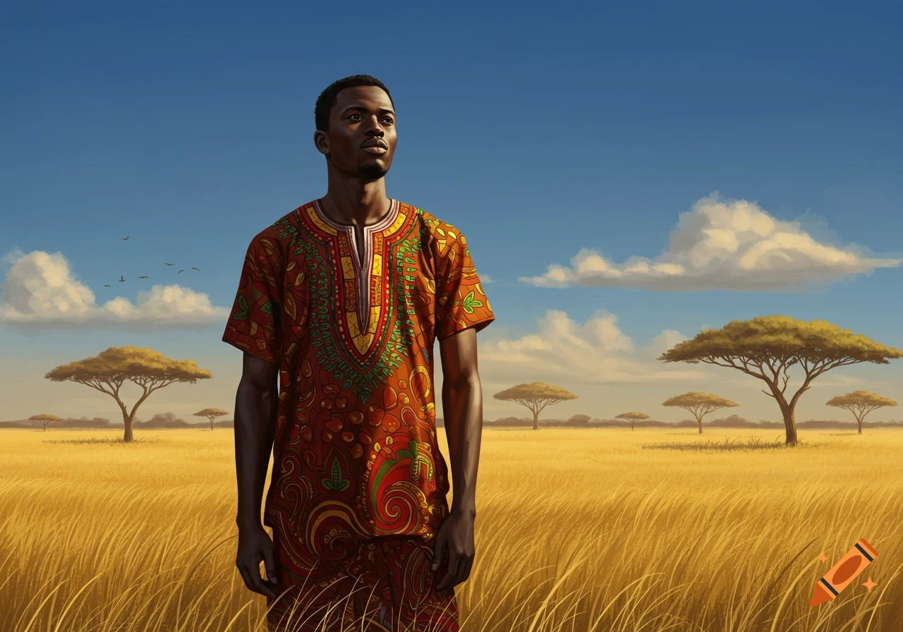 A man in a vibrant dashiki stands in a golden field with acacia trees under a clear blue sky.