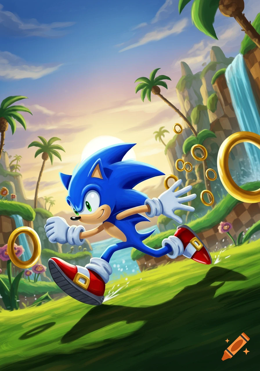 Sonic the Hedgehog runs through a vibrant Green Hill Zone-like landscape with rings, palm trees, and a waterfall under a sunset sky.