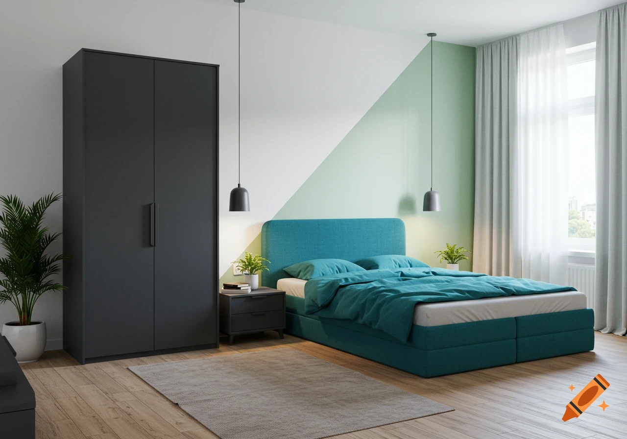 A modern bedroom with a dark gray wardrobe, a teal bed, a light green accent wall, wooden floor, and a gray rug.