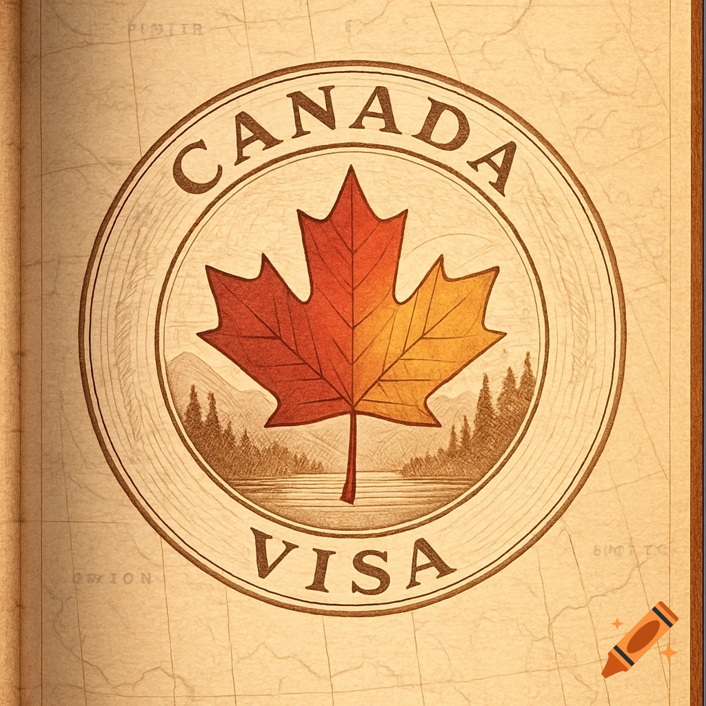 A vintage-style Canada visa stamp featuring a maple leaf, mountains, and trees on a map background.