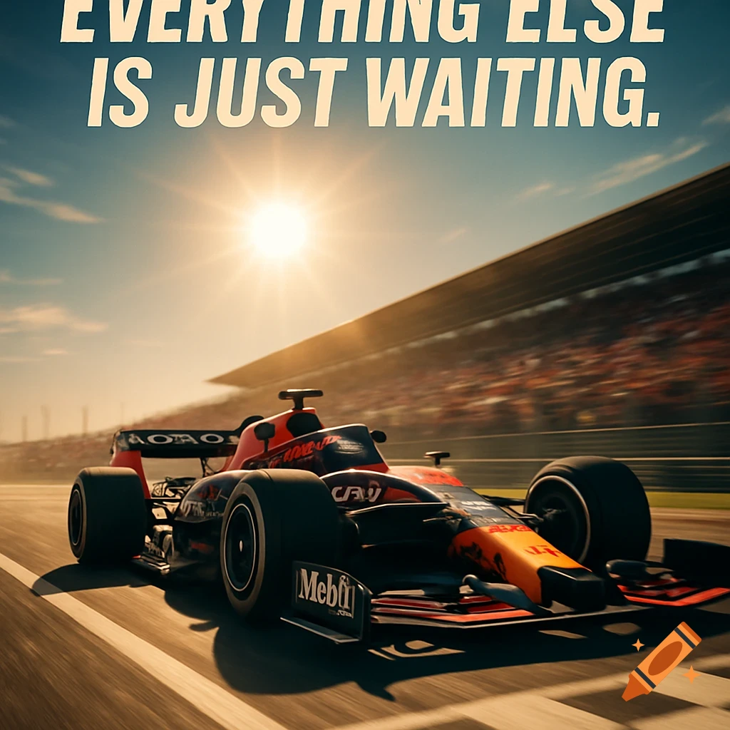 A photorealistic red and black Formula 1 car races on a track under a bright sun, with blurred spectators in the stands. The text "EVERYTHING ELSE IS JUST WAITING." is at the top.