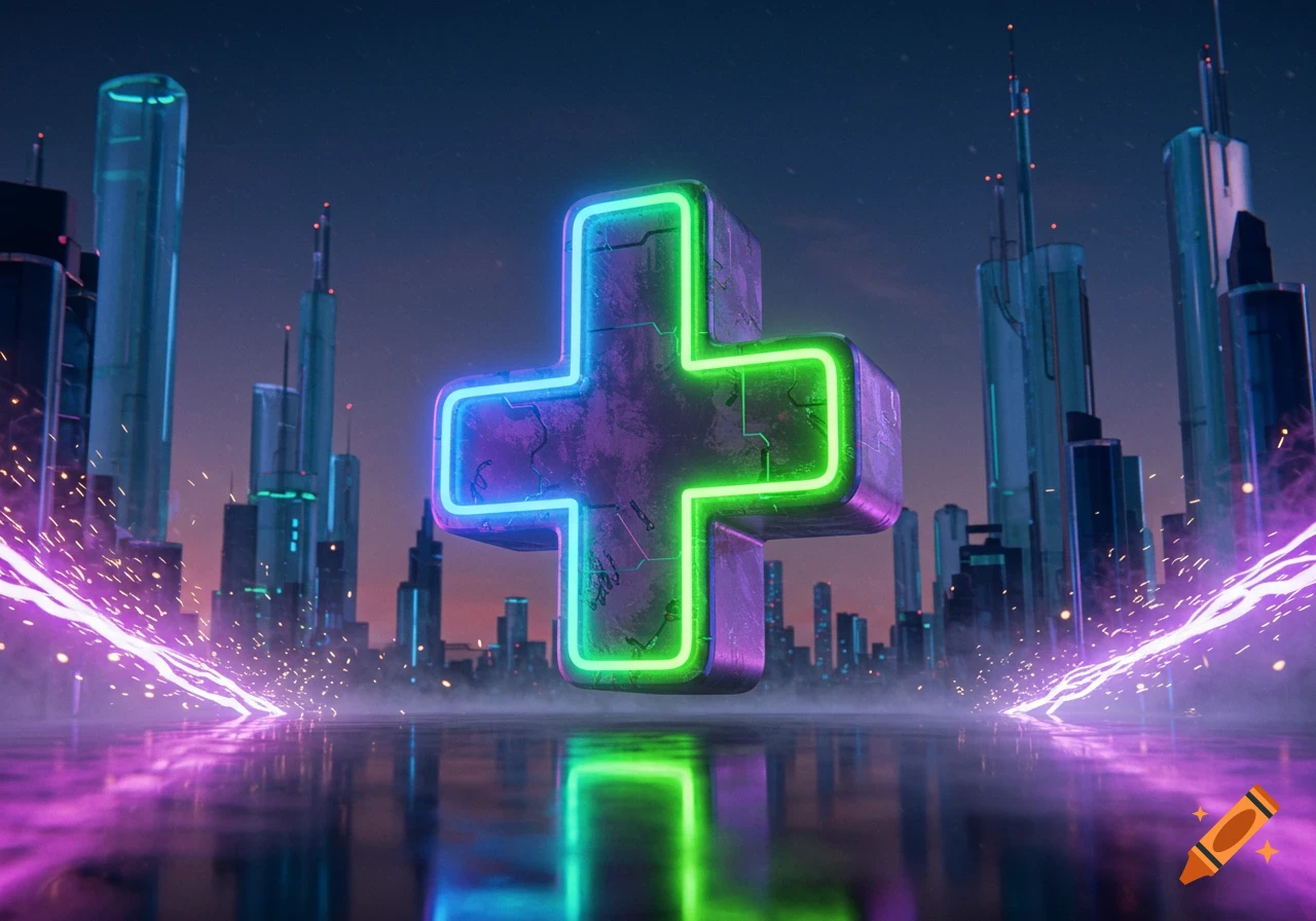 A large, glowing neon blue and green plus sign floats above a futuristic city skyline at dusk, reflected in a wet surface with purple energy streaks.