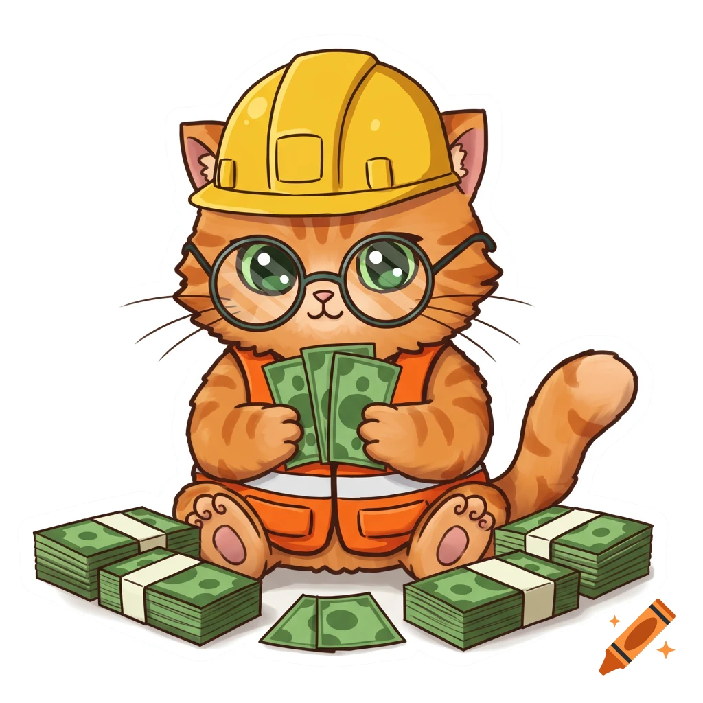 A cartoon ginger cat in a yellow construction helmet, orange vest, and glasses sits surrounded by money, holding bills in a sticker style.