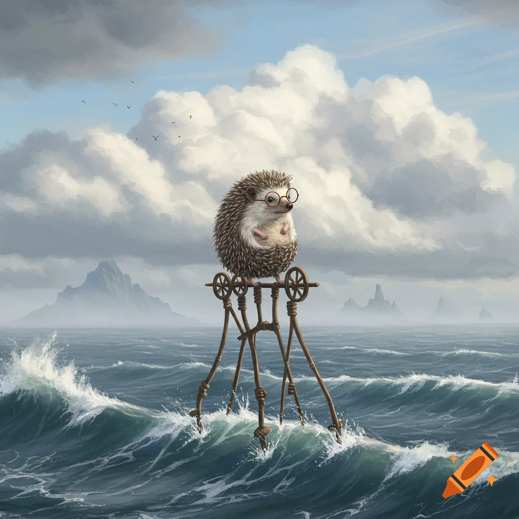 A hedgehog with glasses stands on a complex wheeled stilt contraption in a rough ocean, with mountains and clouds in the background.