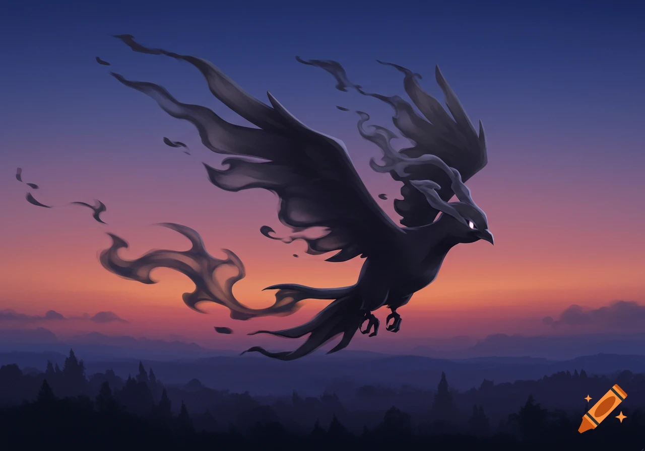A dark, smokey bird with glowing eyes flies over a silhouetted forest at sunset, in a stylized Pokemon art style.