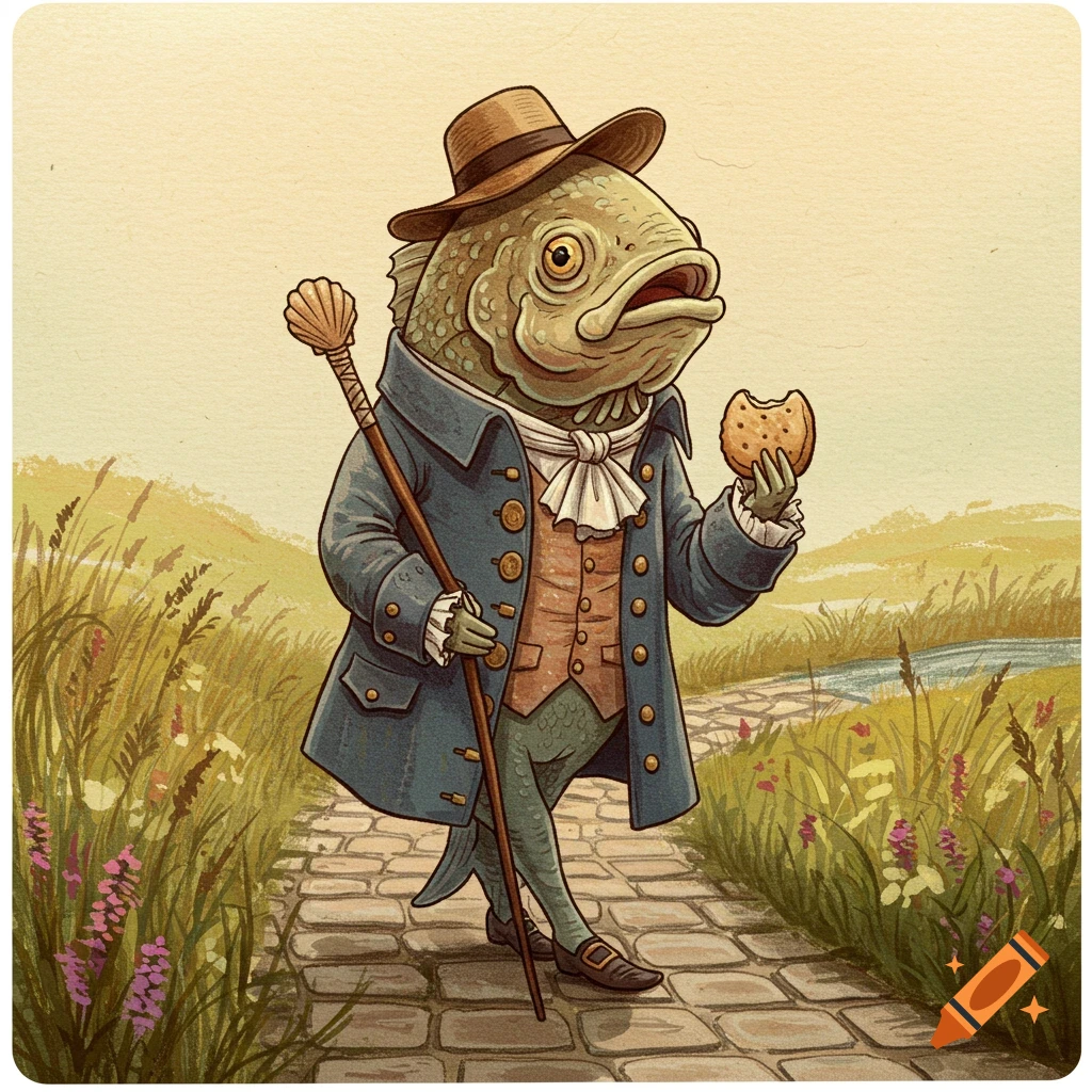 An anthropomorphic fish in a blue coat and hat walks on a stone path, holding a scallop-topped walking stick and eating a cookie, in an illustrated style.