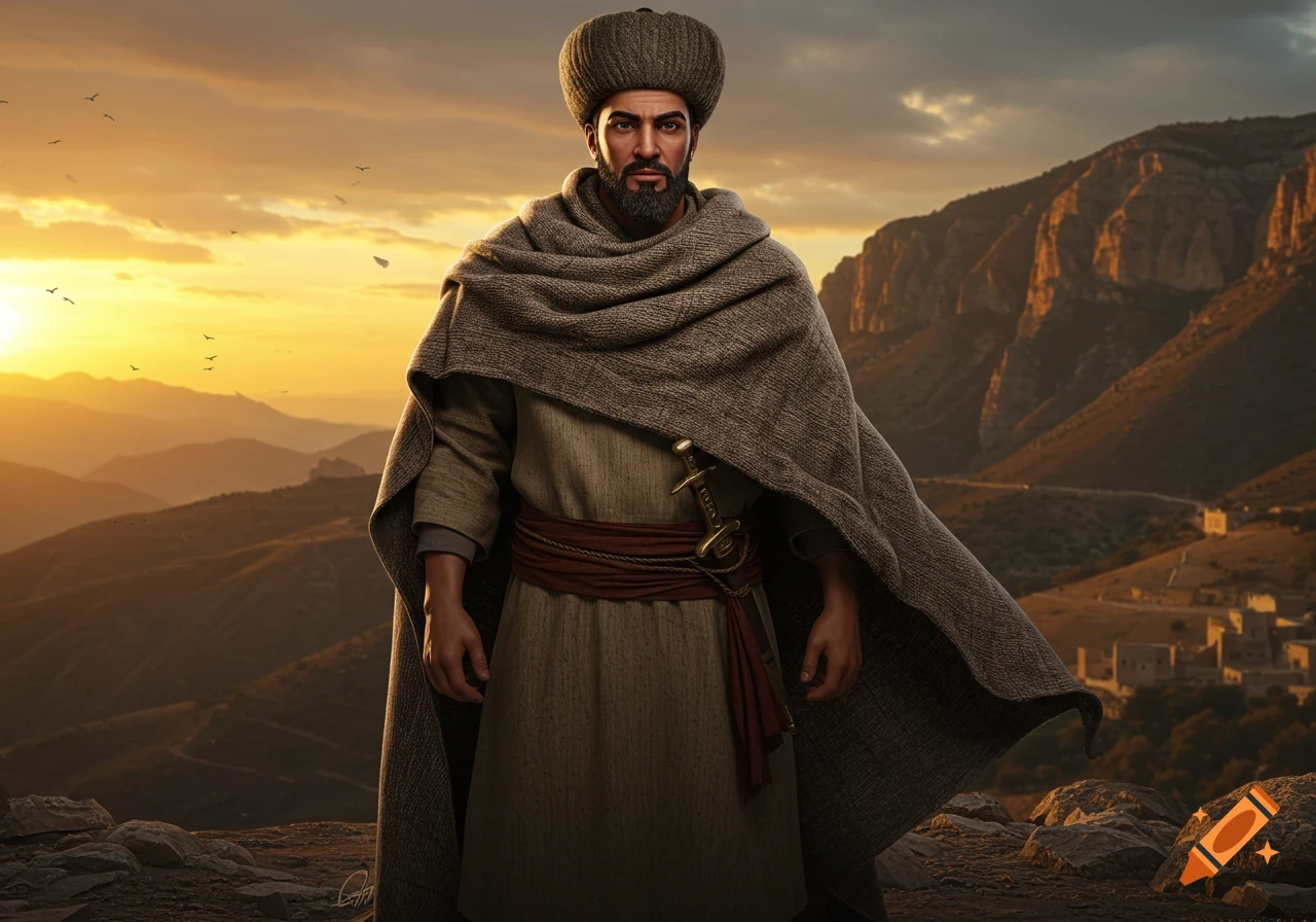A man in traditional attire and turban, with a sword, stands on a mountain at sunset overlooking a desert landscape.