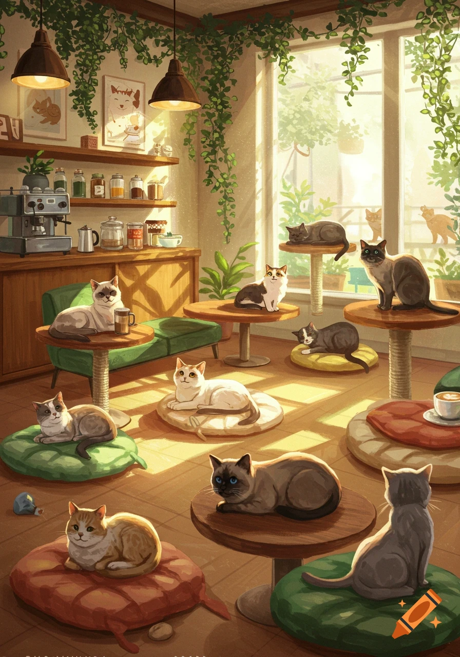 An illustration of a cozy, sunlit cat cafe filled with many cats lounging on various platforms, cushions, and furniture amidst hanging plants.